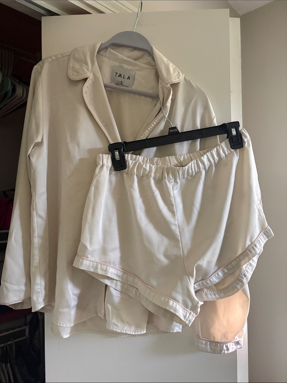 TALA Women's Cream Satin Pajama Set - Long Sleeve Button Up Top & Shorts